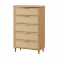 Cassettiera in legno con frontali in rattan a 5 cassetti