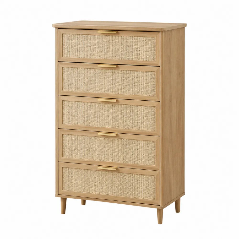 Cassettiera in legno con frontali in rattan a 5 cassetti