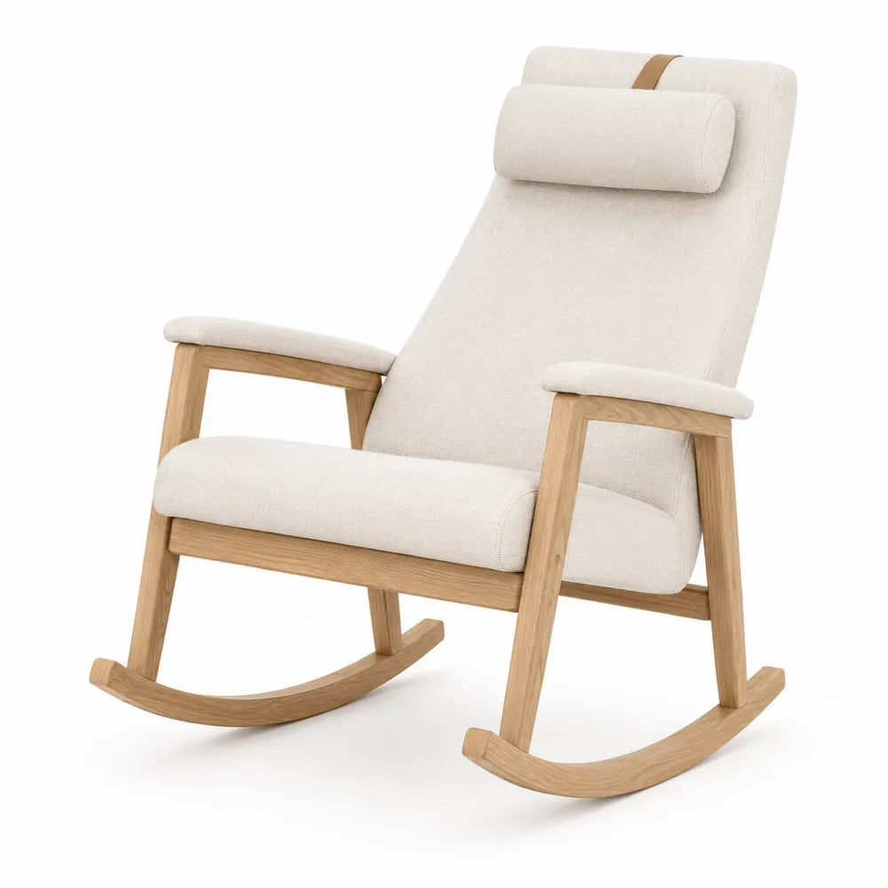 Sedia a dondolo in legno con rivestimento in tessuto poliestere beige