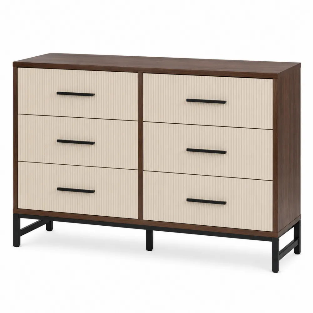 Cassettiera a 6 Cassetti in Legno e Metallo MDF Beige/Marrone 120x40x75 cm