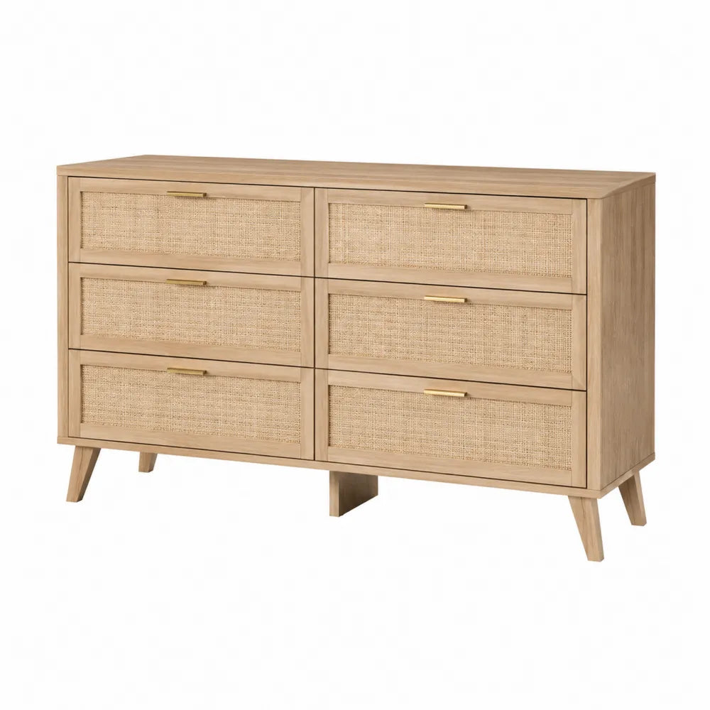 Cassettiera in legno e rattan chiaro con 6 cassetti