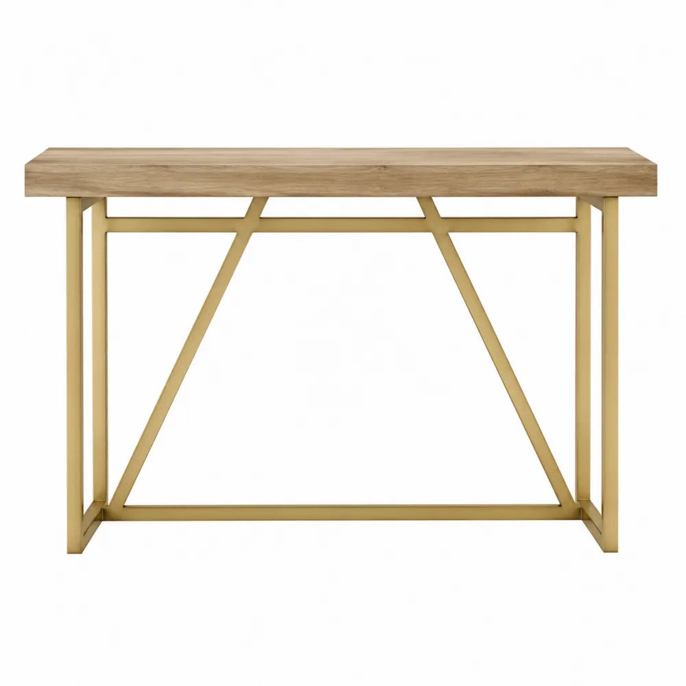 Consolle in legno e metallo dorato con elementi geometrici